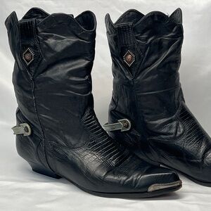 Vintage Zodiac Western Slouch Boots + Spurs Black Leather Size 11